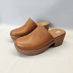 FitFlop Pilar Clog Mules Womens Tan Leather Chunky Platform Slip On Clog 10